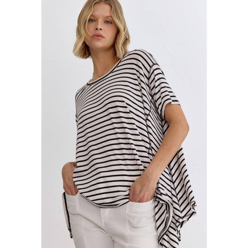 Stripe print round neck short sleeve top
