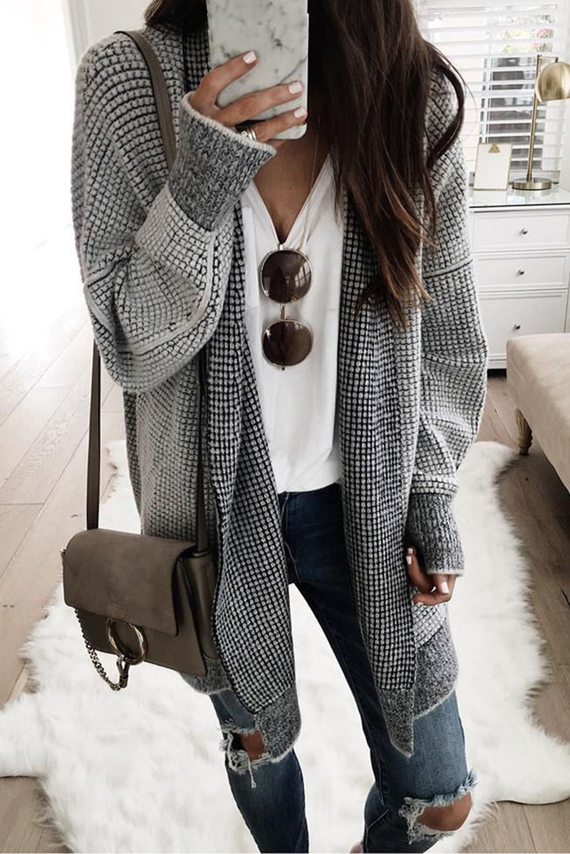 Plaid Long Sleeve Open Front Knit Sweater