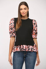 CONTRAST WOVEN SLV & HEM CREW NECK SWEATER