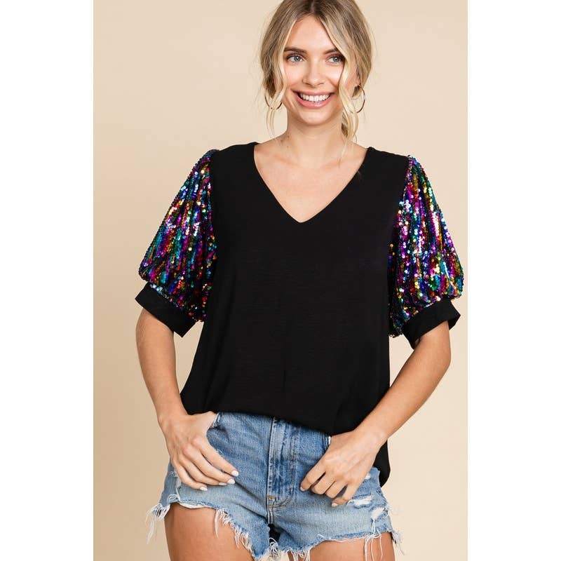 Sequins Puff Sleeves Top: BLACK / S