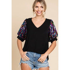 Sequins Puff Sleeves Top: BLACK / S