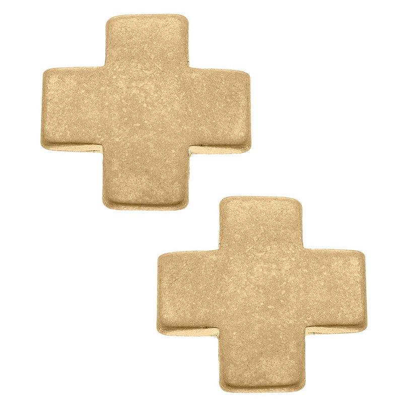 Edith Square Cross Stud Earrings in Worn Gold