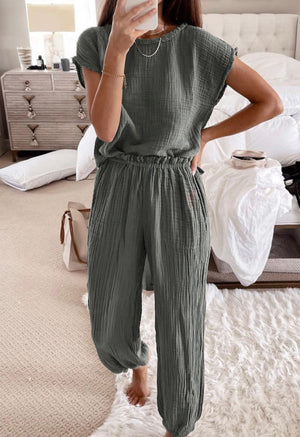 GRAY LINEN TEE AND JOGGER SET