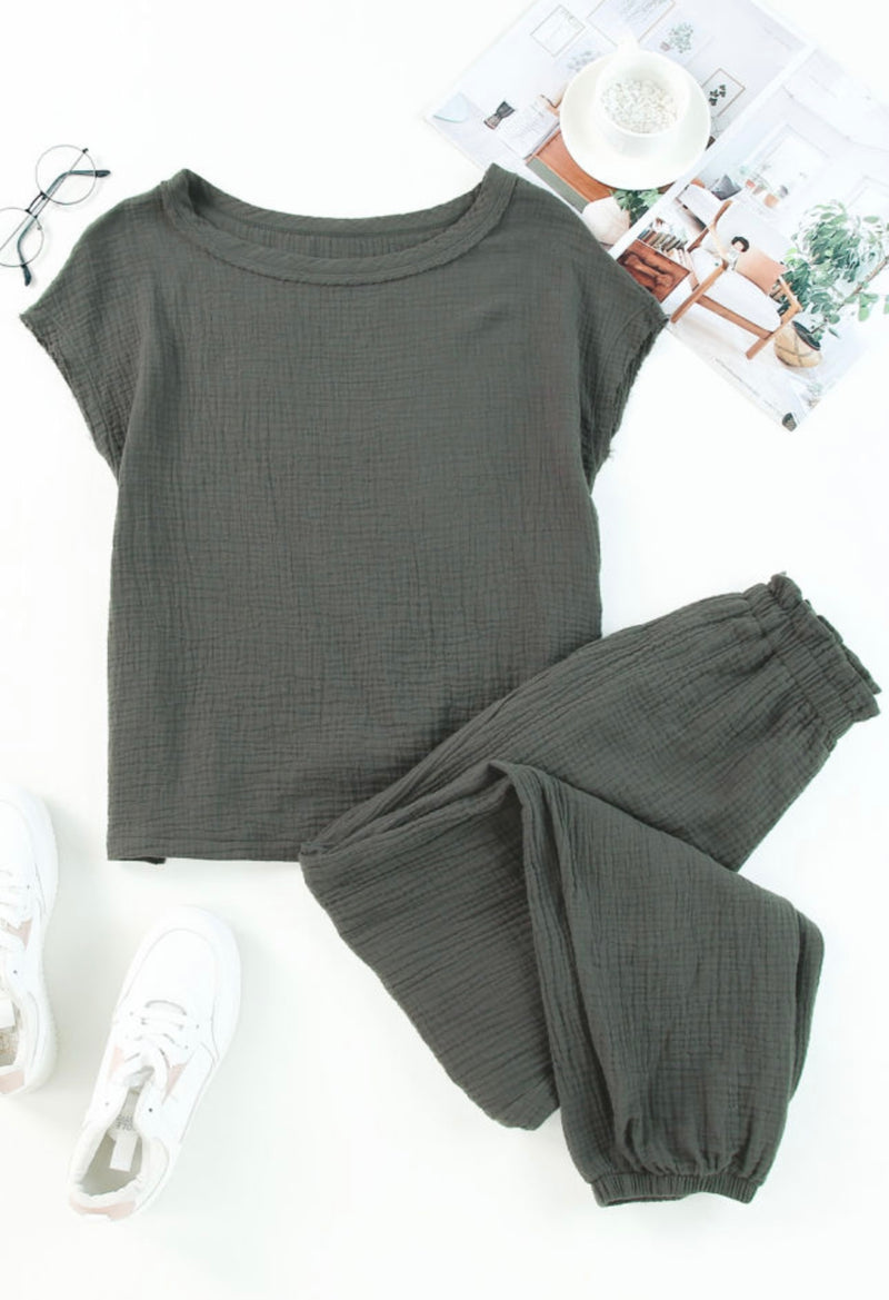 GRAY LINEN TEE AND JOGGER SET